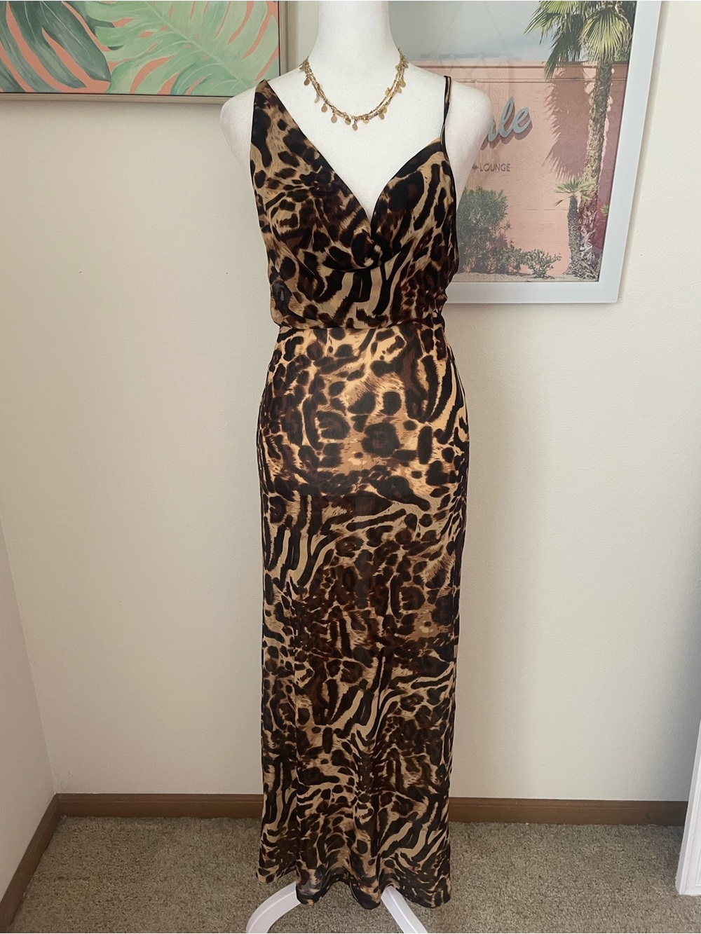 Sasha Therese Fiora Leopard Cheetah Animal Print Sheer Mesh Maxi Dress in XS